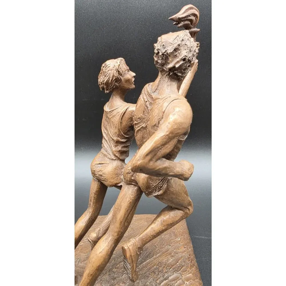 Vintage Bronze Olympic Runners Torch Sculpture 9.75